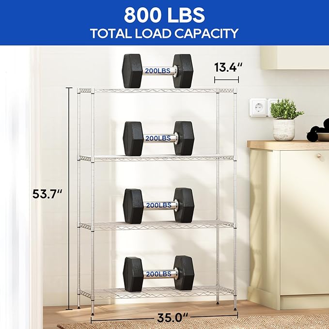 4-Tier Storage Shelves 35.4" L x 13.3" W x 53.7" H Metal Garage Shelves Standing Storage Shelf Adjustable Layer Racks with Steel Frame, Suitable for Kitchen, Garage or Commercial Use (Chrome)