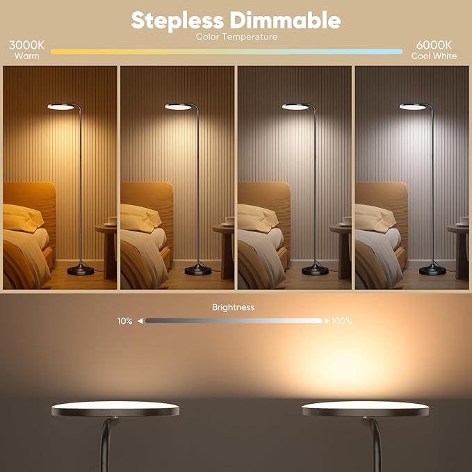 36W LED Floor Lamp, Upgrade Super Bright Standing Lamp, Modern Stepless Dimmable Torchiere Tall Lamp with Remote Control, 350°Rotating Head Reading Floor Lamp for Living Room, Bedroom, Office