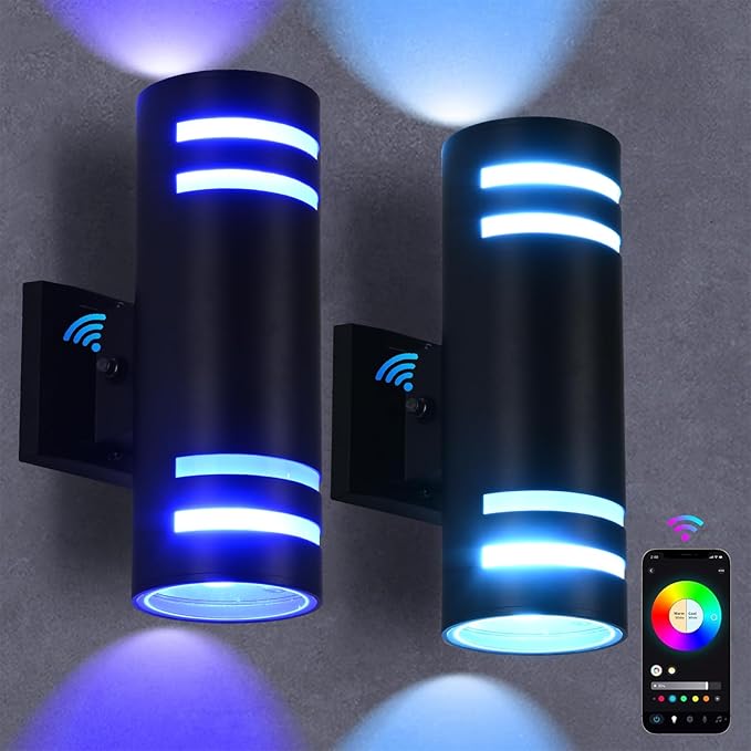 RGB Up and Down Lights Outdoor Wall Lights 2 Packs, Smart Color Changing Outdoor Wall Sconce WiFi Voice & App Control,Aluminum Waterproof Exterior Lights for Porch Compatible with Alexa