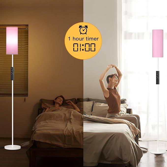 Ambimall 64'' Floor Lamps for Living Room with Remote Control and Stepless Dimmable Colors Temperature & Brightness, 9W Bulb Included(Pink Lampshade & White Pole)