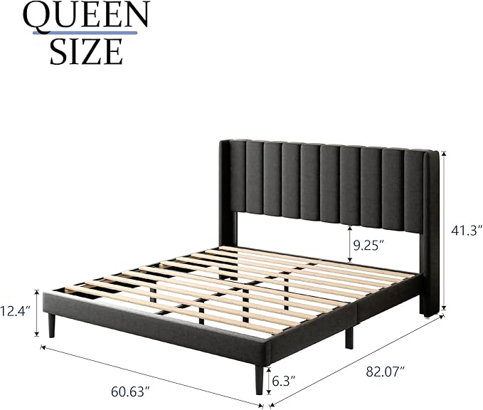 Queen Size Bed Frame with Upholstered Wingback Headboard, Easy Assemnly Platform Bed, Wooden Slat Support No Box Spring Needed, Dark Gray