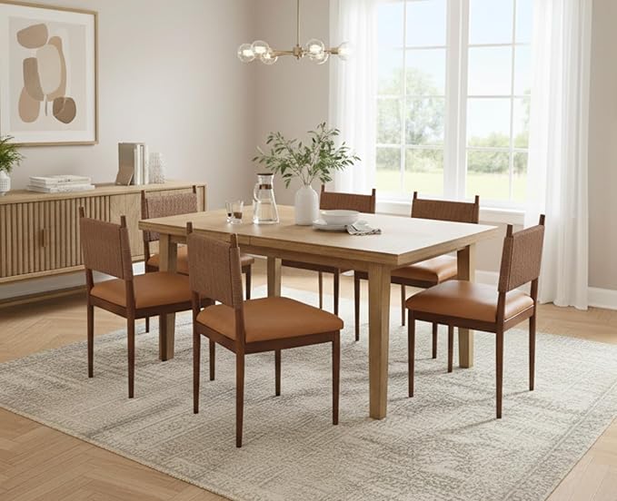 CIMOTA Brown Faux Leather Dining Chairs Set of 6, Mid Century Modern Upholstered Dining Room Chairs with Woven Back, Armless Kitchen Chairs with Walnut Solid Wood Legs, PU
