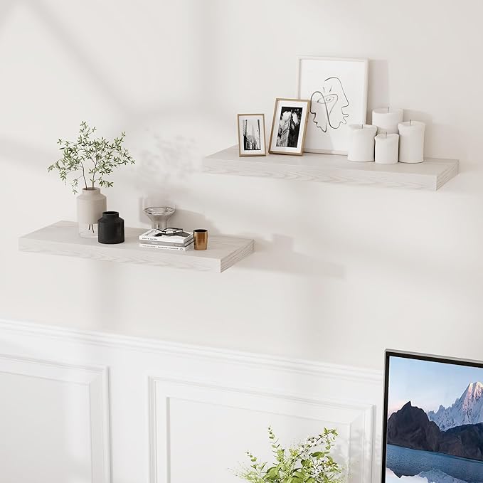 Fun Memories Floating Shelves for Wall, 24 x 9.3 Floating Shelf Wall-Mounted, Rustic Wood Bathroom Shelf Set of 2, Deep Bookshelf Storge Shelves for Living Room, Bedroom, Farmhouse, Brich Color