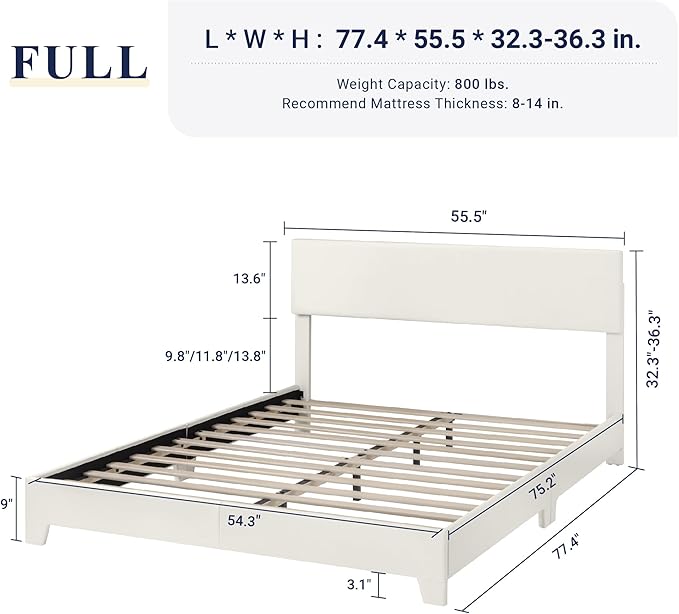 Allewie Full Size Bed Frame with Adjustable Headboard, Faux Leather Platform Bed with Wood Slats, Heavy Duty Mattress Foundation, No Box Spring Needed, Noise-Free, Easy Assembly, White