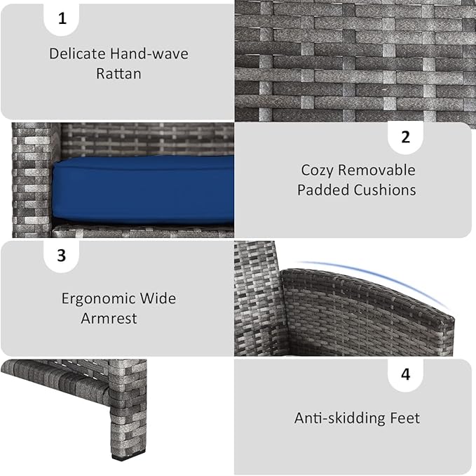 Tangkula 4 PCS Wicker Patio Conversation Set, Outdoor Rattan Sofas with Table Set, Patio Furniture Set with Soft Cushions & Tempered Glass Coffee Table for Poolside Balcony