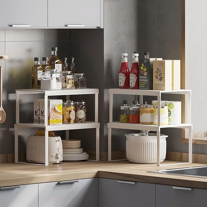 Cabinet Organizer Shelf, Set of 4 Cabinet Shelves, Stackable Metal Kitchen Counter Organizer, Adjustable Countertop Cupboard Pantry Shelf Riser Storage Rack, White