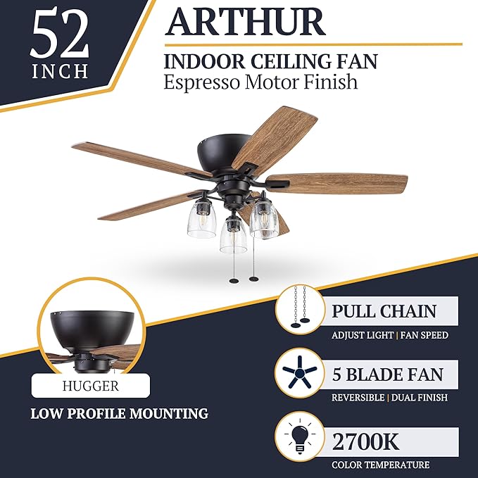 Prominence Home Arthur, 52 inch Industrial Farmhouse Flush Mount LED Ceiling Fan with Light, Pull Chain, Three Mounting Options, Dual Finish Blades, Reversible Motor - 51486-01 (Espresso)