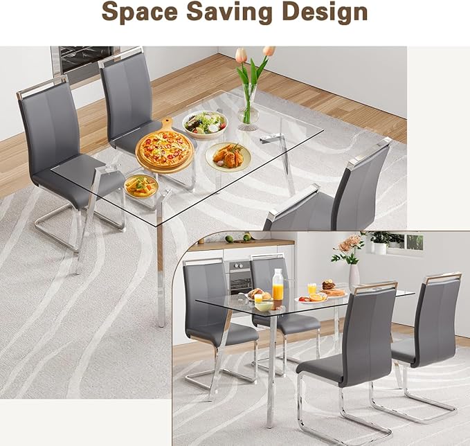 Glass Dining Table Set for 4,Rectangle Dinner Table with 4 Grey Leather Kitchen Chairs,51 in Kitchen Room Dining Set,0.31” Tempered Glass Table Top with Silver Metal Legs,4 Dining Chairs Set