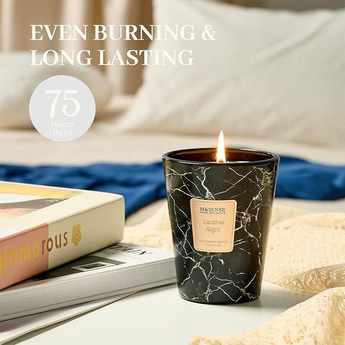 M&SENSE Leather Night Scented Soy Candle, 3 Wick Highly Scented 14.1 Oz 80H, Aromatherapy Christmas Gift for Women and Men