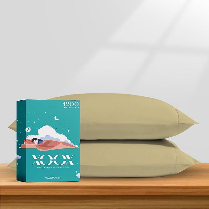 XOOX Linen 100% Egyptian Cotton Pillow Cases King Size Set of 2 - Luxury 1200 Thread Count Sateen Beige Pillow Covers, Soft & Breathable 5 Star Hotel-Quality Pillowcases, Fits King Size Pillows