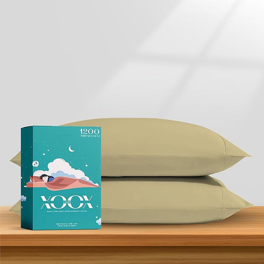 XOOX Linen 100% Egyptian Cotton Pillow Cases King Size Set of 2 - Luxury 1200 Thread Count Sateen Beige Pillow Covers, Soft & Breathable 5 Star Hotel-Quality Pillowcases, Fits King Size Pillows