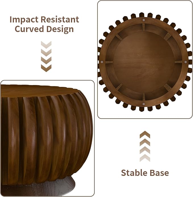 26.37'' Round Drum Coffee Table for Living Room Modern Rustic Farmhouse Wood Circle Coffee Tables with Fluted Pedestal Center Tables Tea Tables for Apartment Office Walnut