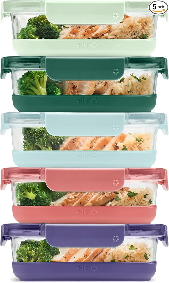 Ello Duraglass Refresh 3.4 Cup Meal Prep Sets 10Pc, 5 Pack Set- Glass Food Storage Container with Silicone Boot and Airtight BPA-Free Plastic Lids, Dishwasher, Microwave and Freezer Safe,Everest