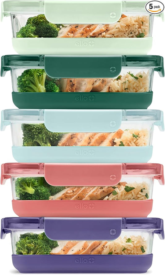 Ello Duraglass Refresh 3.4 Cup Meal Prep Sets 10Pc, 5 Pack Set- Glass Food Storage Container with Silicone Boot and Airtight BPA-Free Plastic Lids, Dishwasher, Microwave and Freezer Safe,Everest