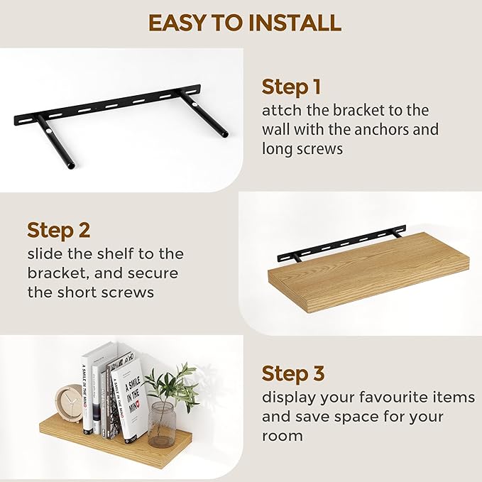 Floating Shelves 16 Inch Long, Wall-Mounted Bathroom Shelves Set of 2, 9.3 Inch Deep Shelf for Home Storage & Display, Wooden Deep Wall Shelves for Bedroom, Living Room, Kitchen, Oak Color