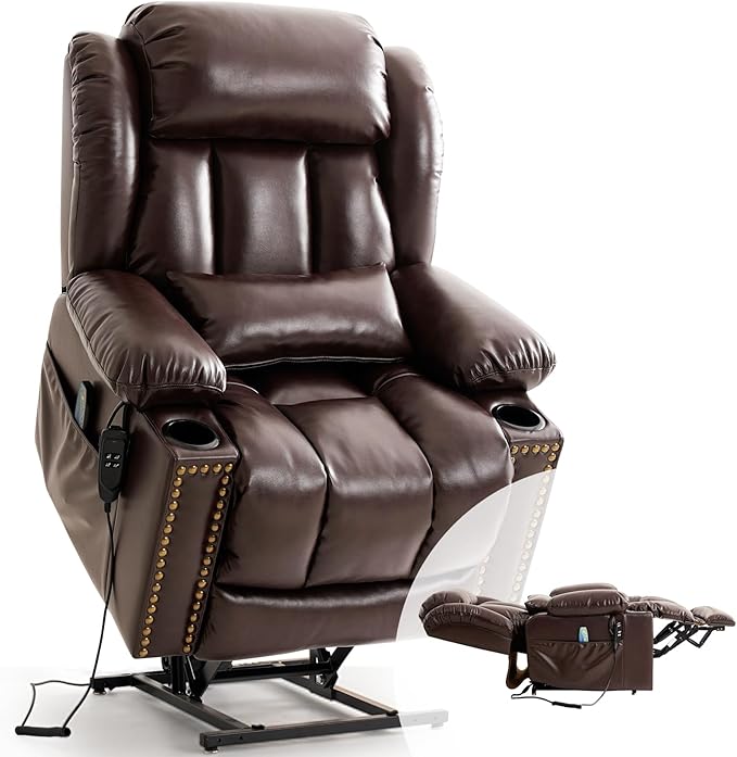 PARKOL Large Infinite Position Leather Power Lay Flat Lift Studded Recliner Chairs for Elderly, Dual Motor with Massage and Heating,Extended Footrest, USB&Type-C Port Remote,Cup Holder (Brown, Large)