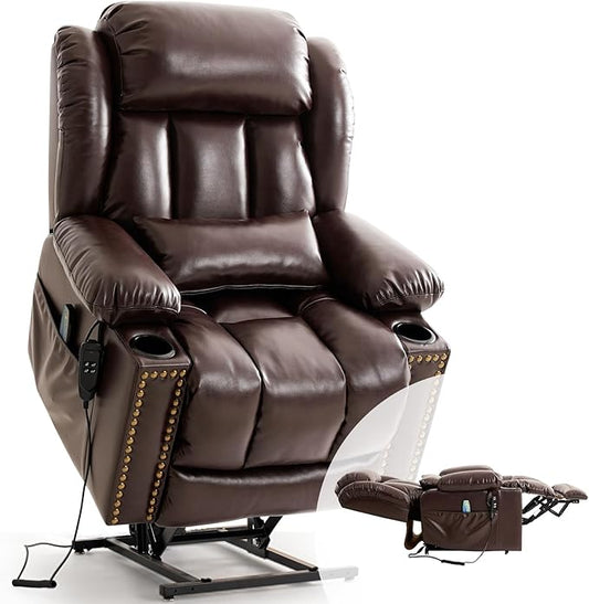 PARKOL Large Infinite Position Leather Power Lay Flat Lift Studded Recliner Chairs for Elderly, Dual Motor with Massage and Heating,Extended Footrest, USB&Type-C Port Remote,Cup Holder (Brown, Large)