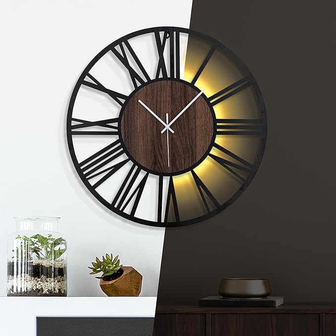 20 Inch Large Metal Wall Clock with Voice and Light Sensor Night Light, Glow in The Dark Non-Ticking Silent Battery Operated Decorative Oversized Wall Clock for Bedroom Living Room Decor