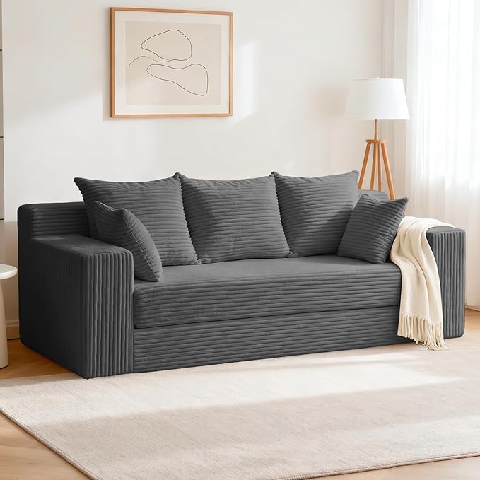 3 Seater Boneless Couch for Living Room, Convertible Futon Sofa Bed Comfy Pull Out Couch with 5 Pillows & Detachable Washable Cover, Upholstered Floor Sofa in A Box, No Assembly Required, Grey