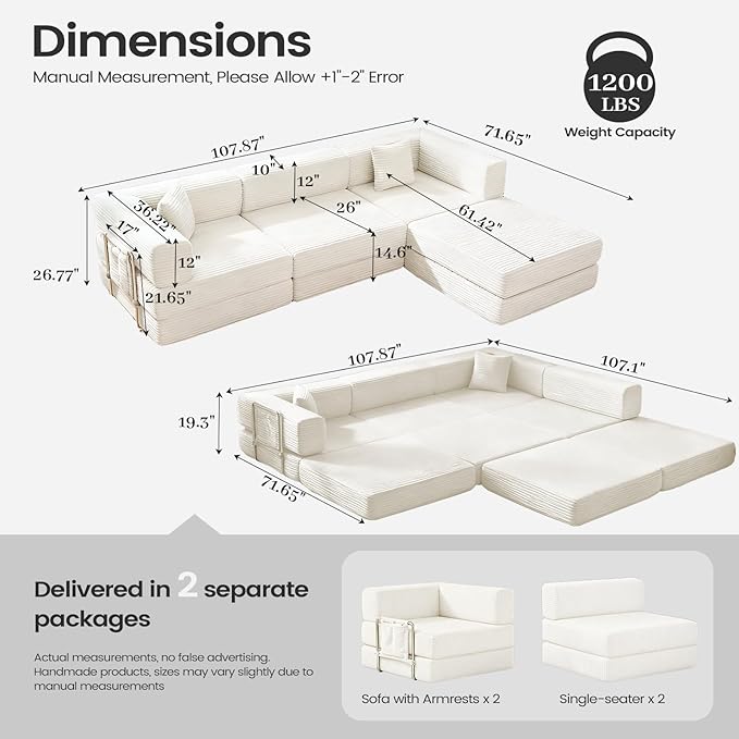 Folding Sofa Bed Convertable Corduroy Couch King Size Floor Sleeper 4-in-1 DIY Combination Modular Sofa Fold Out Futon Lounge Comfy Foldable Lazy cama for Living Room (Off-White)