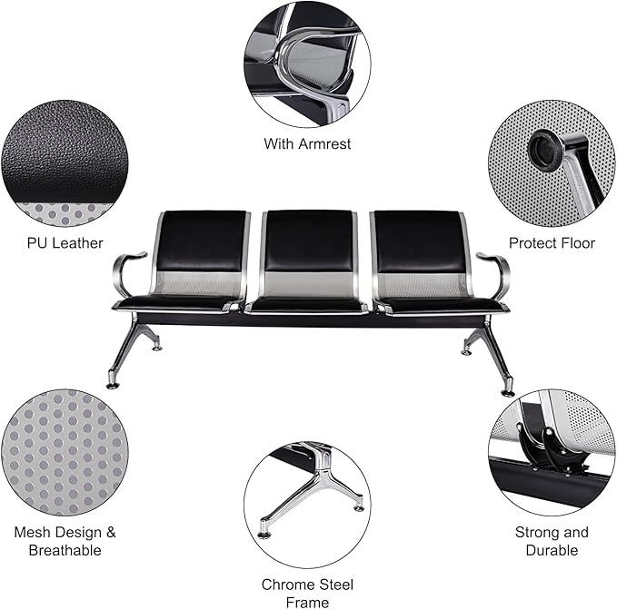 Kinfant 3-Seat Waiting Room Bench Set - PU Leather Office Chair Guest Reception Waiting Room Chair for Airport, Hospital, Bank, Salon, Barbershop, Black