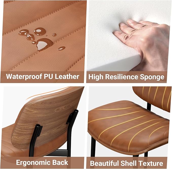 Dining Chairs Set of 8, Mid-Century Modern Upholstered PU Leather Chairs with Walnut Bentwood Back and Metal Legs Adjustable Feet for Kitchen Dining Room, Camel Shell Strips