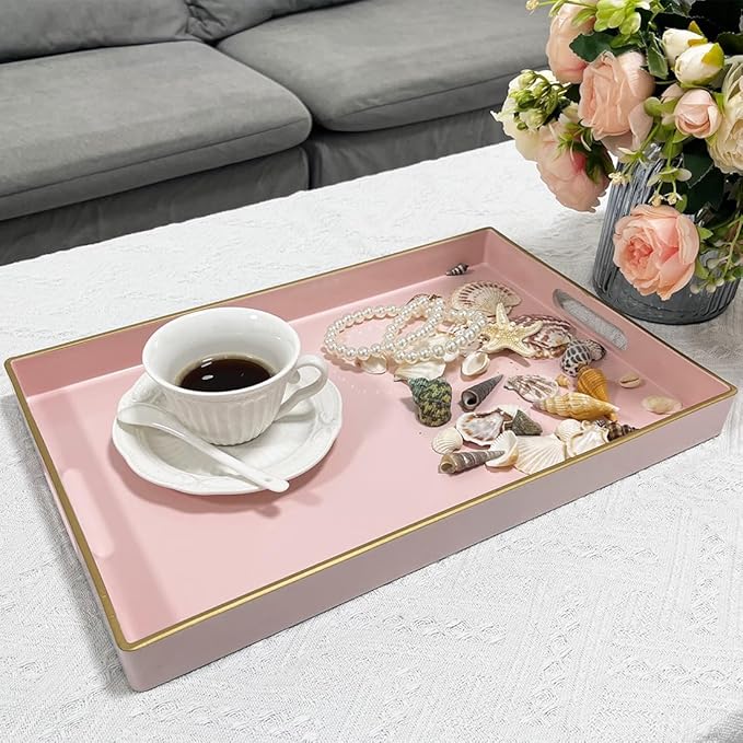 Pink Serving Tray with Handles, Rectangular Decorative Tray for Coffee Table, Plastic Ottoman Tray for Living Room, Bathroom, Kitchen Tabletop, 15.6”x 10.2”x1.37”