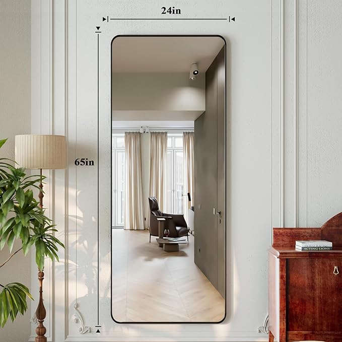 65"x24" Floor Full Length Mirror Standing Full Body Rounded Corner Rectangle Mirrors with Stand Hanging Wall Mounted Leaning Bedroom Living Room Bedroom Cloakroom,Black