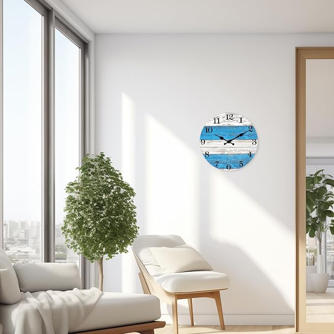 XNM Small Wood Wall Clocks Battery Operated 12 Inch Blue and White Nautical Wall Clock for Bedroom Silent Wall Clock (No Solid Wood, It is with MDF Material)
