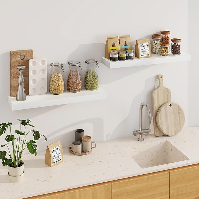 Fun Memories Floating Shelves for Wall, 32Inch Floating Shelves Set of 2, Hanging Shelf with Invisible Brackets, Wood Shelves for Living Room, Bedroom, Kitchen, White