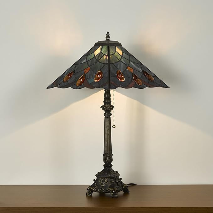 Tiffany Table Lamps Sea Blue Stained Glass Crystal Style Mission Desk Lamp 12X12X24 Inch Bronze Resin Base