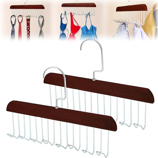 2Pcs Anti Slip Multi Hook Coat Racks,Bra Hangers for Closet Organizer with 8 Hooks 360 °Swivel Belt Hanger for Closet for Belt, Tie, Tank Top, Bra, Scarf (Brown)