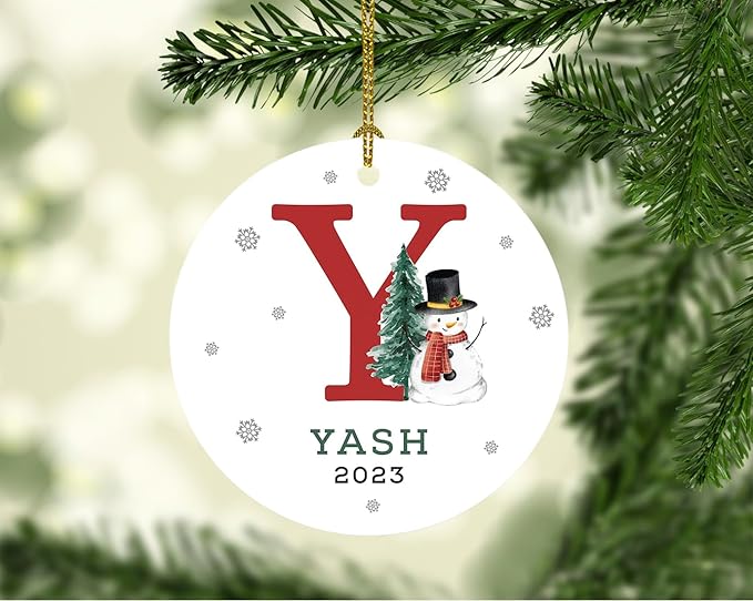 Andaz Press Personalized Ornament, Custom Name, Initial Y Monogram Snowman 2.8" Ceramic Porcelain 2025 Christmas Ornament Keepsake for Kids, Boys, Girls, Includes Gold Ribbon & Gift Box, 1-Pack