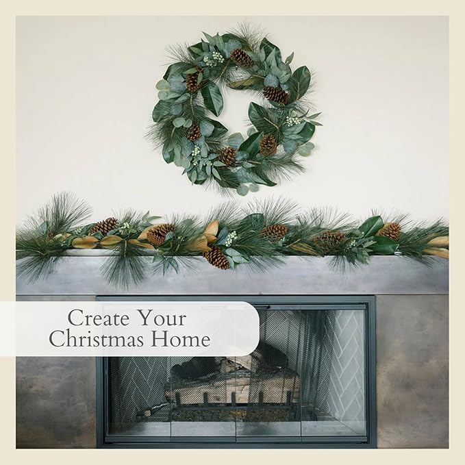 CG Hunter Holiday Collection Faux Wreath, Premium Artificial Indoor and Outdoor Large 28" Magnolia, Eucalyptus, Pinecone, Needle Pine Christmas Wreath, Christmas Decorations and Holiday Greenery
