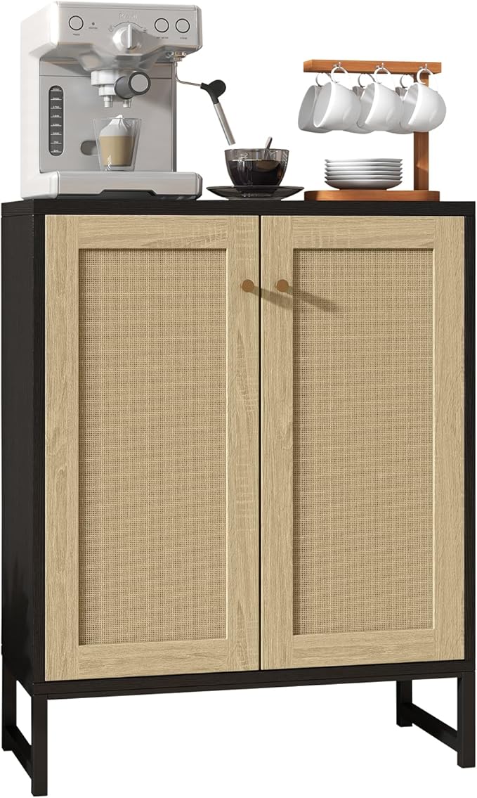 Panana Rattan Decorated 2 Doors Storage Cabinet Accent Cabinet Living Room Cupboard Kitchen Sideboard Buffet Table (Black)