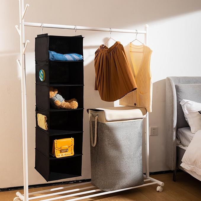 6 Shelves Hanging Closet Organizer, 2 Pack Hanging Storage with 4 Side Pockets for Clothes Shoes, 43.5"x12"x12"(Black)