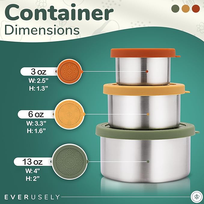 Everusely - Stainless Steel Food Containers - 3 Pack, Muted - Metal Lunch Box - Nesting Snack Containers for Office, Home Food Storage - Leakproof Silicone Lids - Dishwasher and Freezer Safe