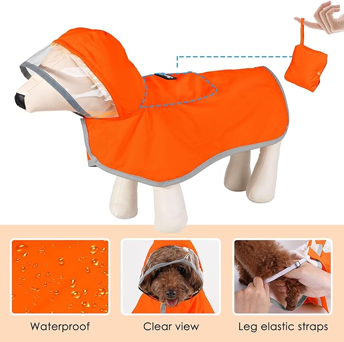 SlowTon Dog Raincoat, Adjustable Dog Rain Jacket Clear Hooded Double Layer, Waterproof Poncho with Reflective Strip Straps and Storage Pocket for Small Medium Large Dogs Puppies(OR M)