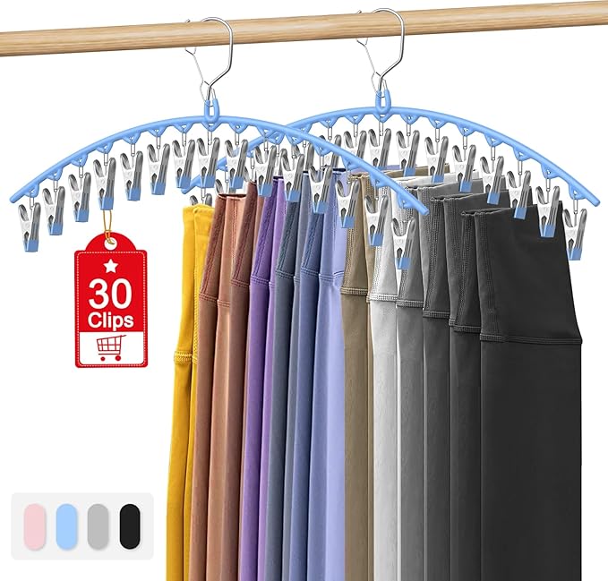 Upgrade Skirt Pants Hangers with Clips, Metal Pants Legging Organizer for Closet Holds 30 Leggings/Shorts/Jeans/Skirts Pant Hangers Space Saving Hanging Closet Organizers Shorts Hanger, Blue 2Pack