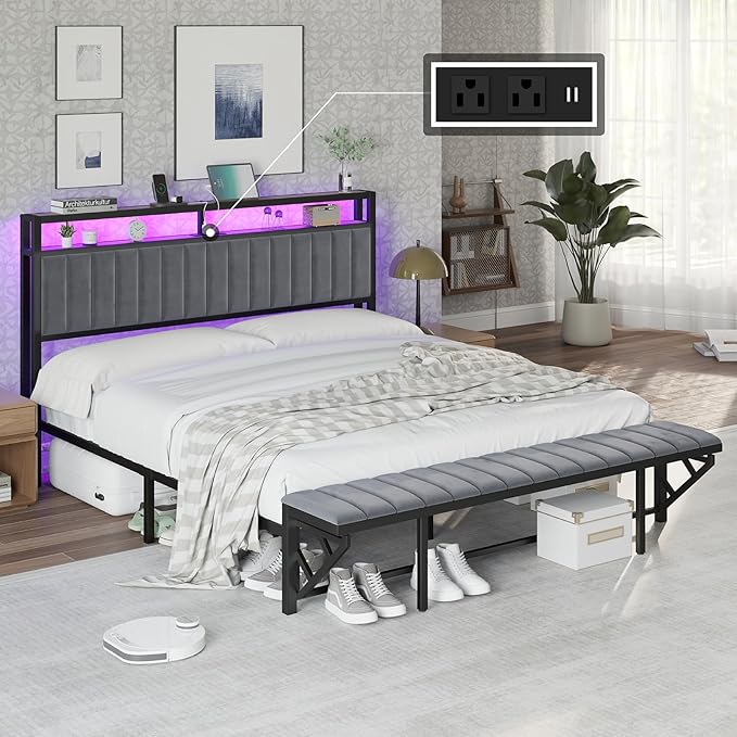 King Bed Frame with LED Light and Charging Station, Velvet Upholstered Headboard with Storage Shelf, Heavy Duty Metal Slats/No Box Spring Needed/Easy Assembly, Grey