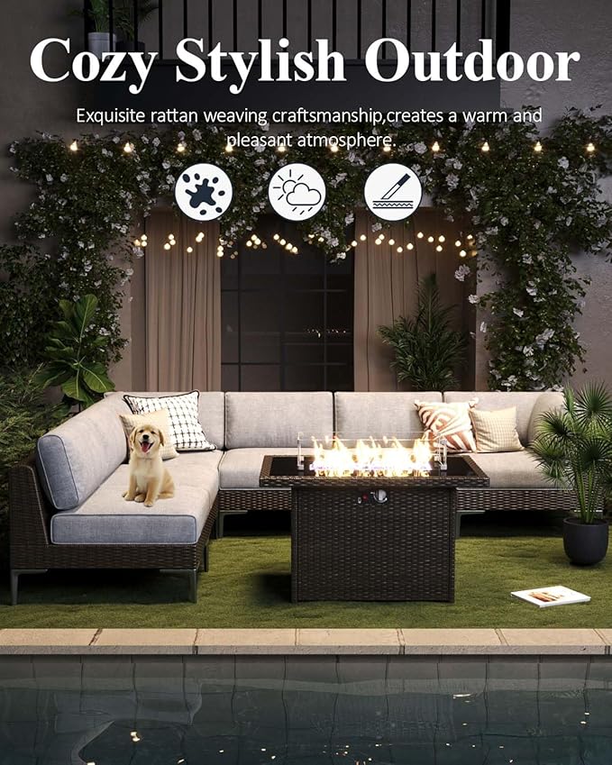 LayinSun 8-Piece Outdoor Modular Wicker Sectional Sofa with Fire Pit Table, Patio Furniture Conversation Set with Deep Seating and Thick Cushions