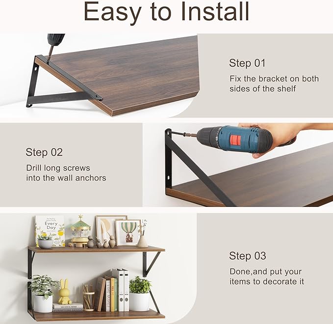 Fun Memories 10 Inch Deep Floating Shelves, Walnut Floating Shelf 16 Inch Long, 16" W x 10" D Wall Shelves Set of 2, Deep Shelves for Books, Wide Floating Shelves for Bahtoom, Living Room, Kitchen