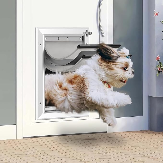 [Petoasis] Heavy Duty Aluminum Dog Door with Lock,3 Flap Insulated Doggie Doors with Installation Manual,Durable and Rust Resistant, Patent: USD1057087S, (Silvery White, XLarge for Wall)