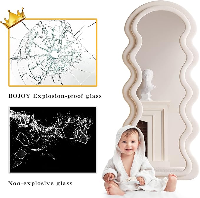 BOJOY Full Length Wavy Arched Mirror, 63x24in, Wall Mount/Standing/Leaning - White