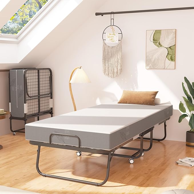 Folding Bed with Mattress, 75" x 31" Twin Size Rollaway Bed on Wheels, Foldable Metal Frame & Storage Pocket, Space-Saving Portable Cot for Adults, Home, Office, Apartment