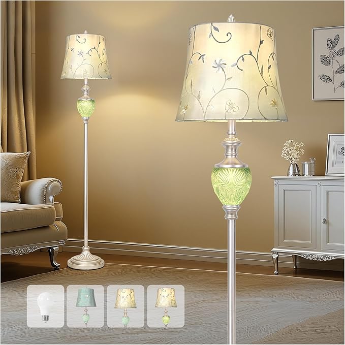 Vintage Floor Lamp for Living Room, 63" Tall Standing Lamp with Nightlight and Embroidered Shade, Farmhouse Floor Lamp with Silver Leaf Finish for Bedroom Corner, LED Bulb Included