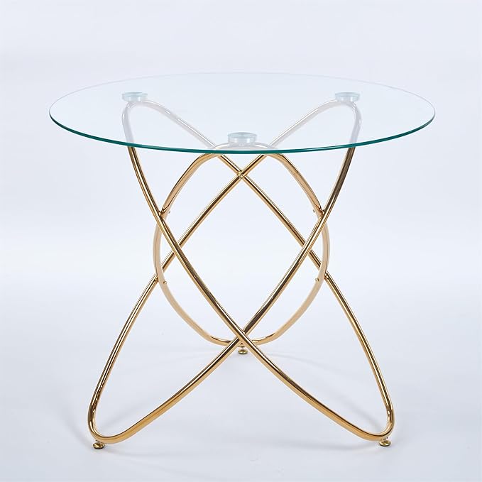 35.4" Round Dining Table for 4, Modern Clear Glass Kitchen Table for 4 with Gold Metal Legs, Compact Small Circle Dining Room Leisure Tables for Kitchen Apartment