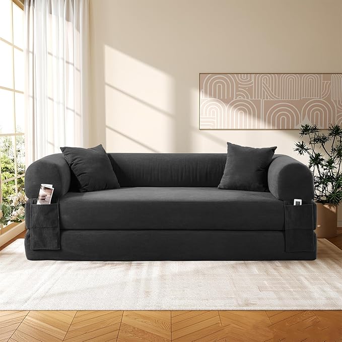 Convertible Futon Sofa Bed,80" Folding Pull Out Couch Bed with Pillows & Storage Pocket, Oversized Queen Sleeper Sofa in a Box,Corduroy Boneless Couch for Living Room,Deep Gray