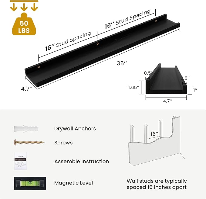 Solid Ash Wood Picture Ledge Shelf, 36 Inch Floating Shelves with Lip Set of 2, Photo Ledge Shelf Nursery Bookshelf Wall Mounted for Living Room Bedroom Decor, Black