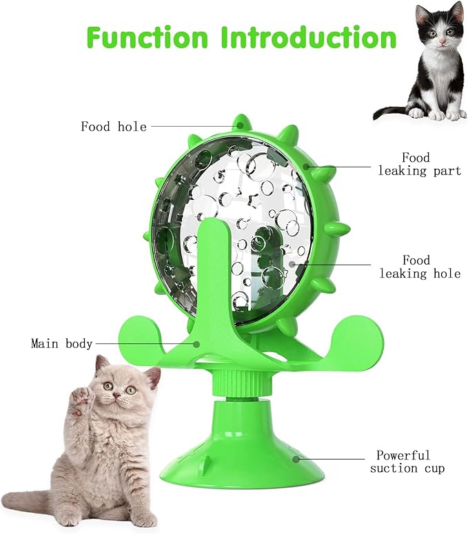 Cat Dog Treat Dispenser Toy - Cat Interactive Feeder Pet Food Toys Feeder 360° Degree Rotating Food Leakage Device Rotate with Strong Suction Cup Money Wheel Shape (Green)